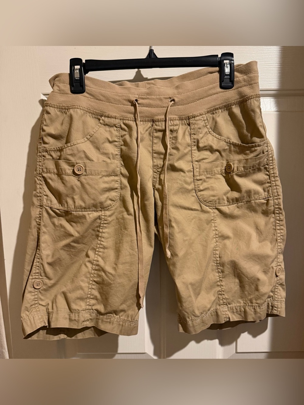 Women's Tan Cargo Drawstring Shorts with Utility Pockets